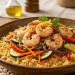 Camarões Salteados com Legumes e Cuscuz Marroquino